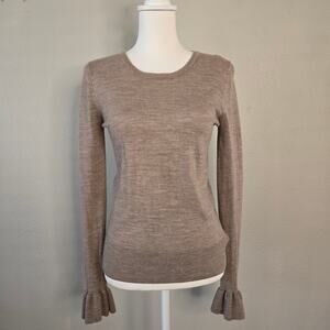 Nanette Lepore Extra Fine Merino Wool Ruffle Cuff Lightweight Sweater S Beige